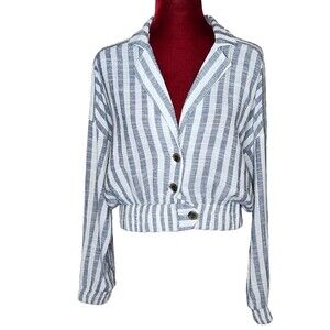 Forever 21 Cropped Jacket Blue White Striped Button Front Elastic Hem Women's L